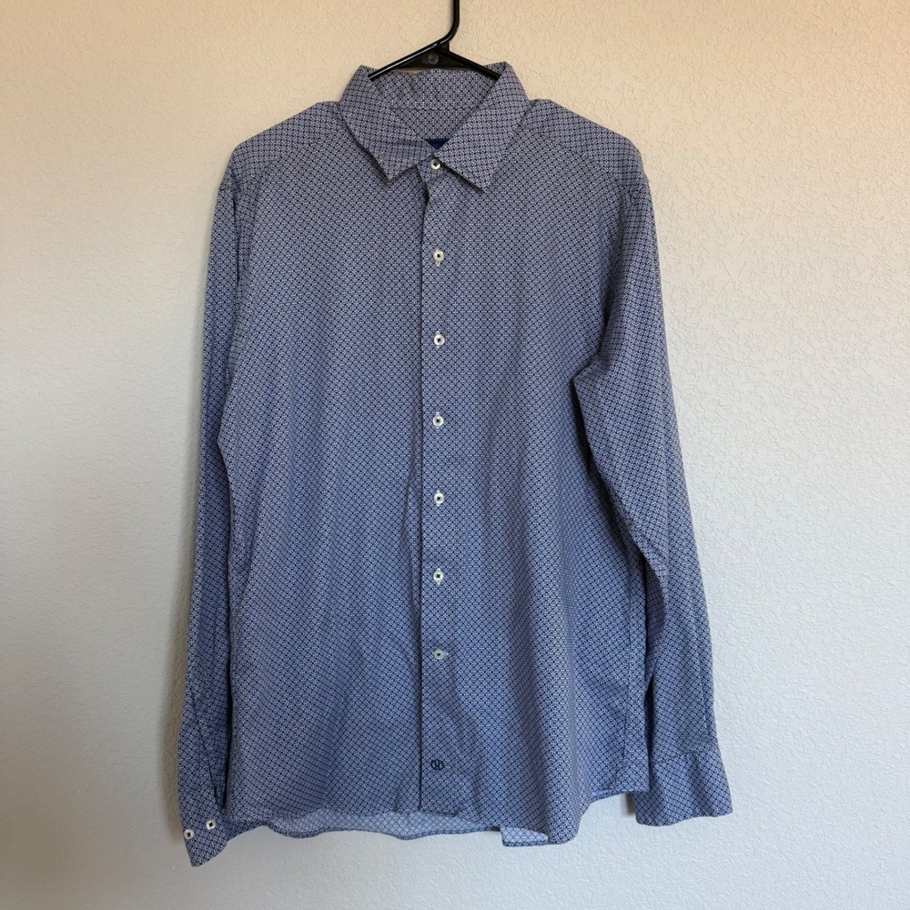 David Donahue Fusion Mens Blue Geometric Medallion Cotton Linen Shirt Large